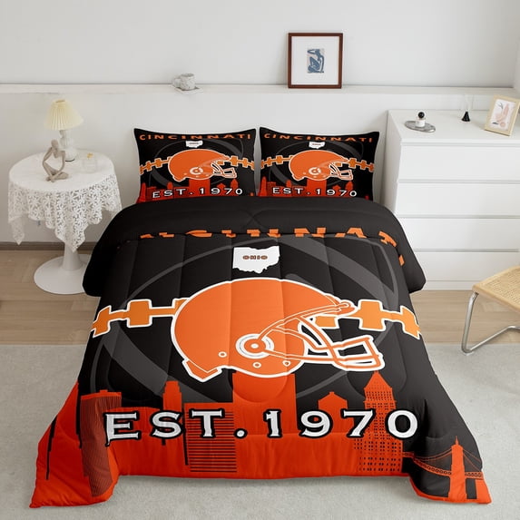 Full Football Comforter ,American Football Players Bedding Set,Sports Pattern Comforter Sets,Football Patchwork Duvet Insert with 2 Pillowcases Home Room Decor(Cincinnati)