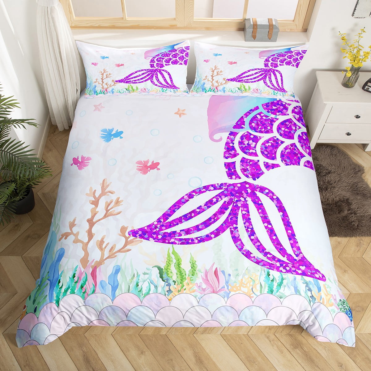 Organic Cotton Mermaid Duvet Cover Queen - Rainbow Fish Scale Bedding With Teal Sequins
