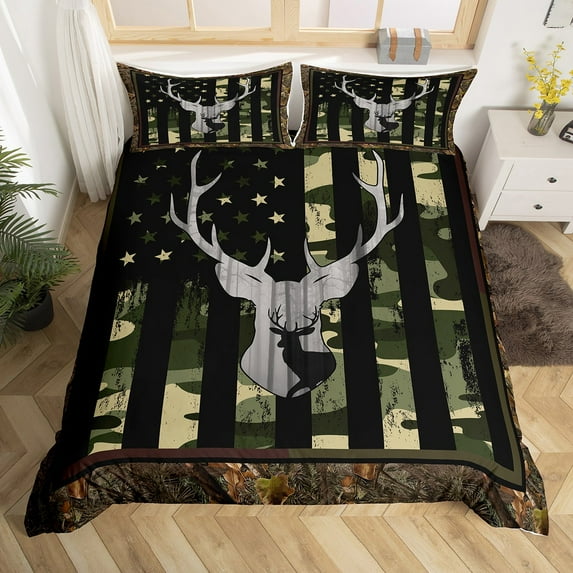 Full Size Bedding Sets Camo Green American Flag Duvet Cover Room Decor, Vintage USA Stars and Stripes Comforter Cover Hunting Deer Elk Print Bedspread Cover with 2 Pillowcases