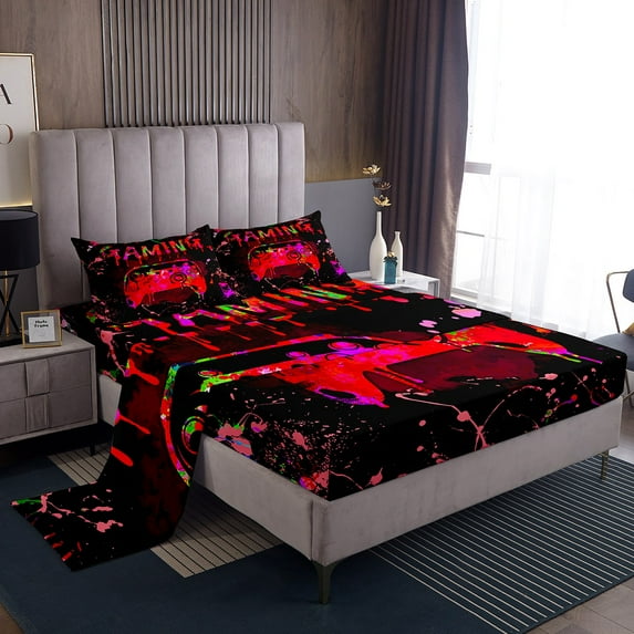 Erosebridal Full Size Gamer Sheet Set,Gaming Bed Sheets Teens,Gamepad Console Gamer Fitted Sheet Video Game Room Decor,Black Red Green Tie Dye Bedding Set
