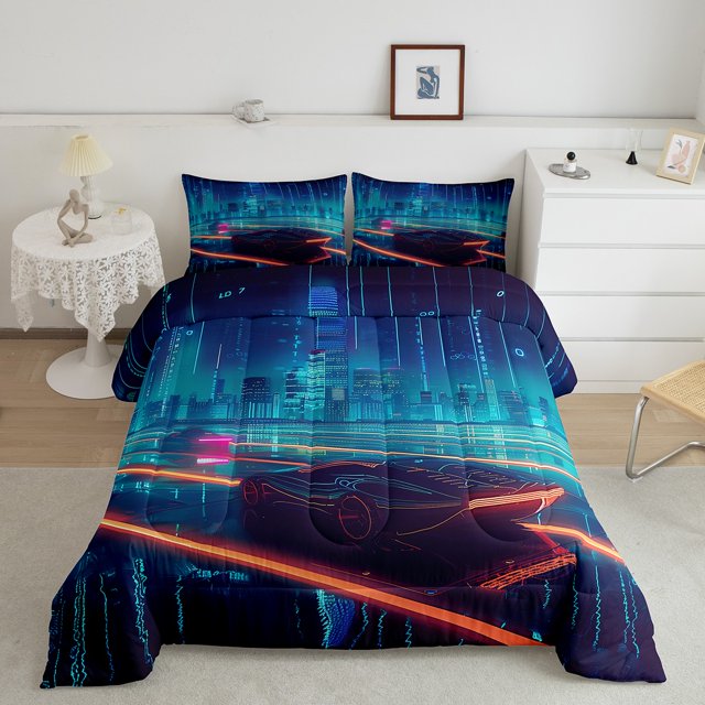 YST Full Size Racing Car Bedding Set, Speed Sports Car Comforter Set