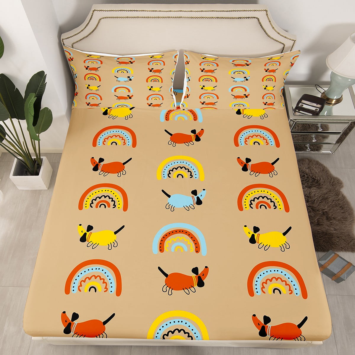 YST Funny Dachshund Bed Sheets for Boys Girls Rainbow Fitted Sheet Twin Size, Brown Sheets Cute