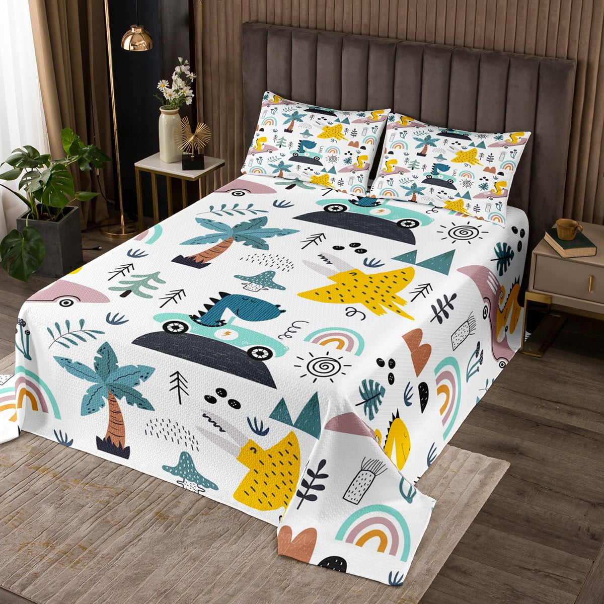 YST Funny Dinosaur Bedspread Twin Size for Kids Toddler Cartoon Car