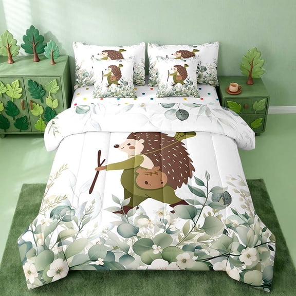 Funny Hedgehog Bed in a Bag 7-Piece Cartoon Animal Bedding Set, Eucalyptus Leaves Twin Comforter Set Jungle Wildlife Bedding Comforter Sets, Tropical Botanical Bed Set