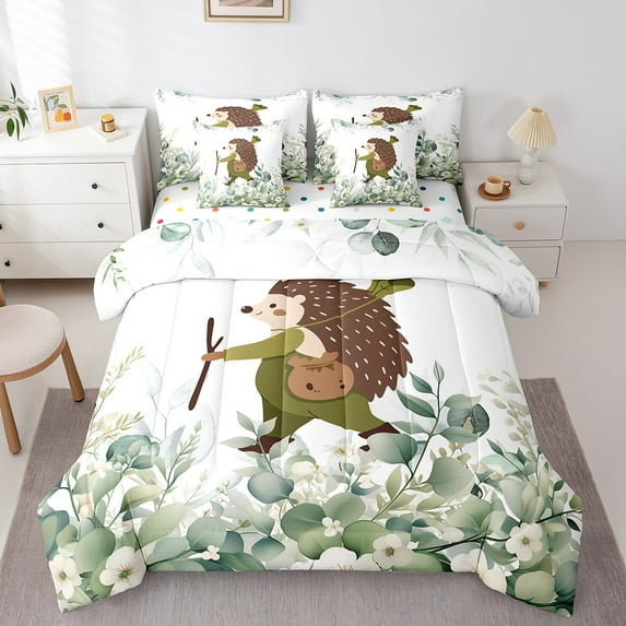 Funny Hedgehog Queen Comforter Set 7 Pieces Cartoon Animal Bedding Comforter Sets, Eucalyptus Leaves Bed in a Bag Jungle Wildlife Bedding Set, Botanical Bed Sheets Set