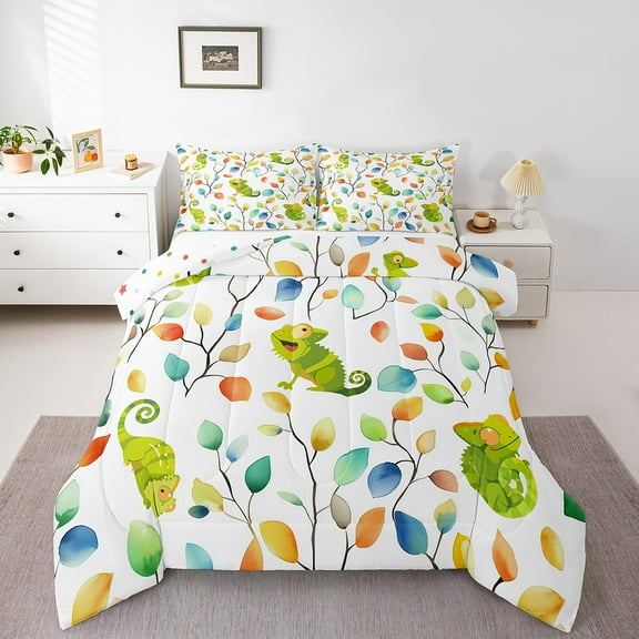 Erosebridal Funny Lizard Twin Size Comforter Set Boho Floral Bedding Set, Colorful Leaves Down Comforter Abstract Watercolor Plant Bed Set, Wild Animal Quilted Duvet