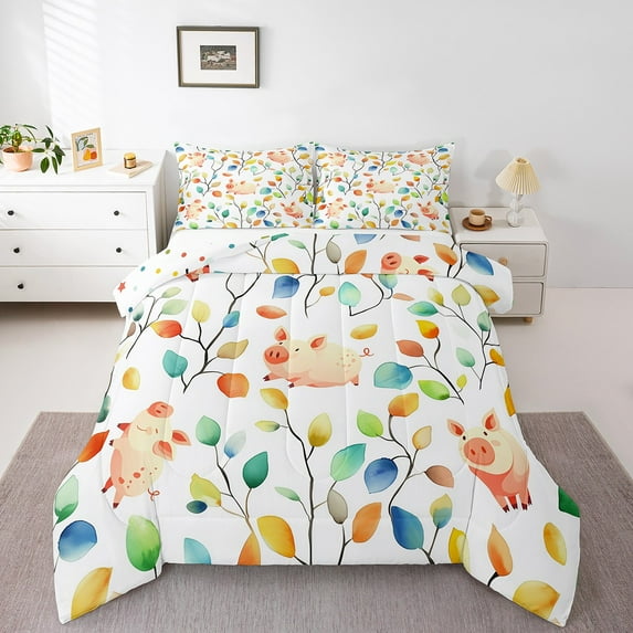 Funny Pig Bedding King Size Boho Floral Comforter Set, Colorful Leaves Duvet Insert Abstract Watercolor Plant Quilt Set, Farm Animal Bedding Comforters & Sets