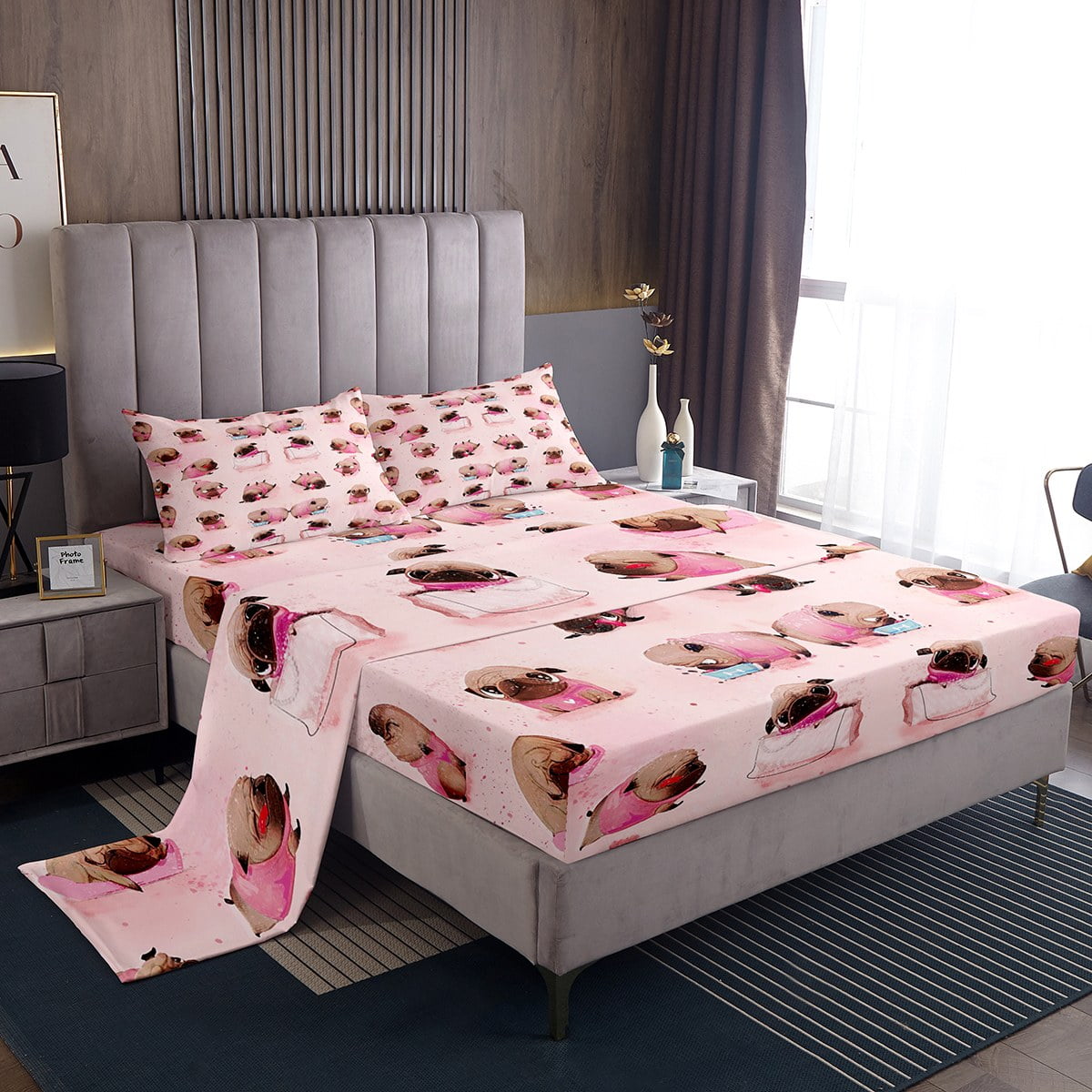 YST Funny Pug King Sheets Cute Dog Bed Set Animal Pet Themed Bed Sheets Set Girls Pink Sheet Set Kawaii Cartoon Puppy Bedding Set with 2 Pillow Case