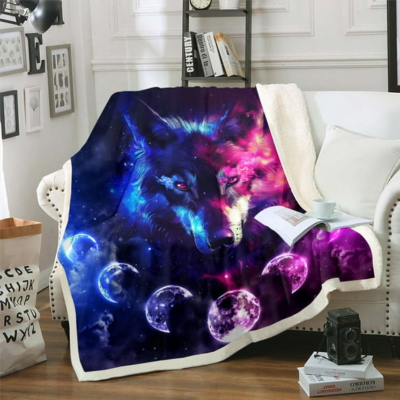 Galaxy Wolf Blanket,Pink Blue Starry Sky Moon Throw Blanket Adults,Animal Safari Fleece Blanket Boho Decor for Couch Sofa Bed Trippy Fuzzy Blanket 50"x60"