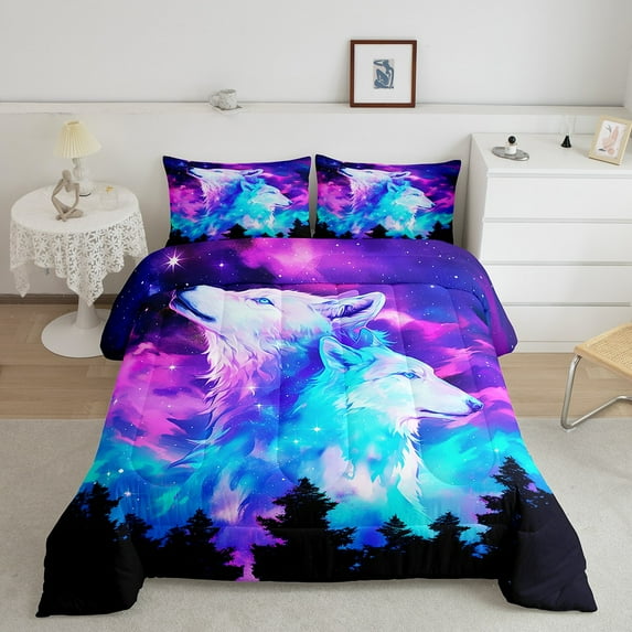 Erosebridal Galaxy Wolf Comforter Set Twin,Purple Teal Colorful Starry Sky Bedding Set Trippy Room Decor,Safari Animal Bedding Comforter Sets Wolves Quilt Bed Set 2Pcs