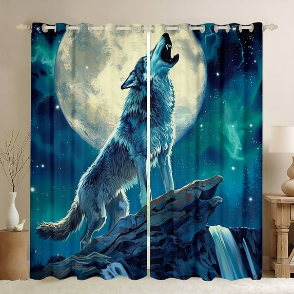 Erosebridal Galaxy Wolf Curtains,Moon Starry Sky Curtains Blackout Trippy Decor for Bedroom,Animal Curtains & Drapes Safari Hunting Wolf Window Curtains 2 Panels 42"Wx90"L