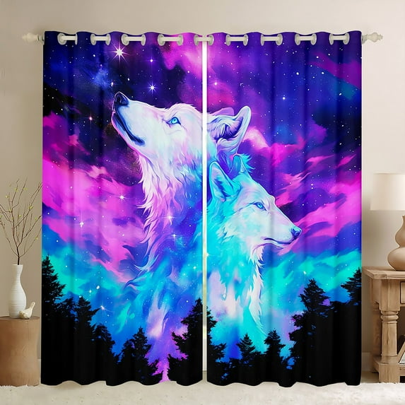 Erosebridal Galaxy Wolf Curtains,Purple Teal Colorful Starry Sky Curtains Blackout Trippy Room Decor,Safari Animal Curtains & Drapes Wolves Window Curtains 2 Panels 42"Wx63"L