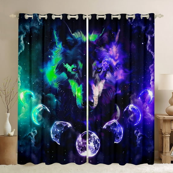 Galaxy Wolf Curtains,Green Purple Moon Starry Sky Curtains 30%-50% Blackout,Wild Safari Animals Curtains & Drapes Trippy Living Room Decor Boho Window Curtains 2 Panels 42"Wx90"L