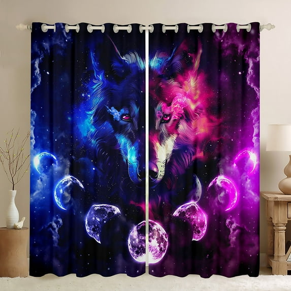 Galaxy Wolf Curtains,Pink Blue Starry Sky Moon Curtains 30%-50% Blackout ,Animal Safari Curtains & Drapes Boho Home Decor Trippy Window Curtains 2 Panels 52"Wx84"L