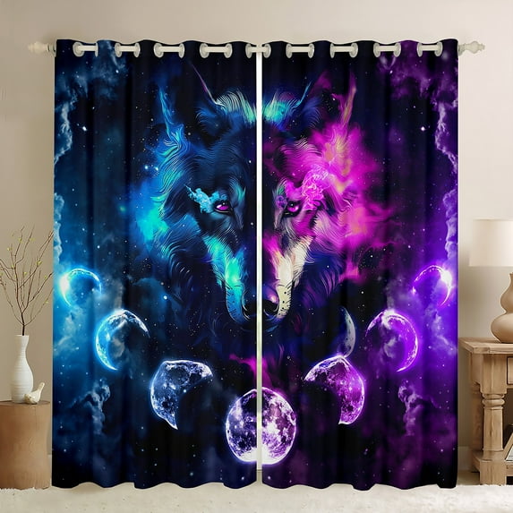Erosebridal Galaxy Wolf Curtains,Pink Teal Moon Starry Sky Curtains Blackout,Wild Safari Animals Curtains & Drapes Trippy Bedroom Decor Boho Window Curtains 2 Panels 42"Wx84"L