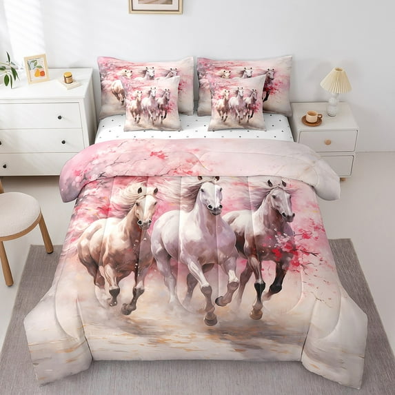 Erosebridal Galloping Horse Full Comforter Set 7-Piece White Horse Animal Bedding Sets,Girly Pink Floral Bed In A Bag Rustic Farmhouse Wildlife Sheet Set With Comforter Room Decor