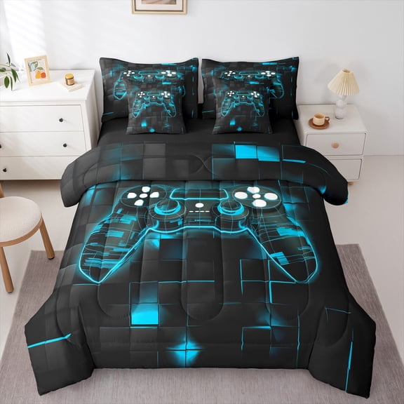 Erosebridal Game Bedding Sets 7 Pcs,Gaming Bed in a Bag Twin,Gamer Fitted Sheet Neon Lights Gamepad Bed Set for Teen Men Bedroom,Geometry Plaid Comforter Set Reverse,Mint Green