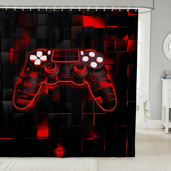 YST Game Shower Curtain for Boys,Gaming Bathroom Shower Curtain 72"Wx72"L,Gamer Fabric Shower Curtain Neon Lights Gamepad Bath Curtain,Geometry Grid Waterproof Bathroom Curtains,Red Black