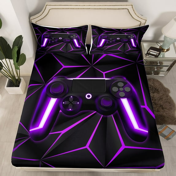 Erosebridal Gamer Bed Sheets Queen Size Gaming Controller Sheets 3Pcs Gaming Gifts Fitted Sheet for All Season - 1 Fitted Sheet 2 Pillowcases (Queen,Purple)