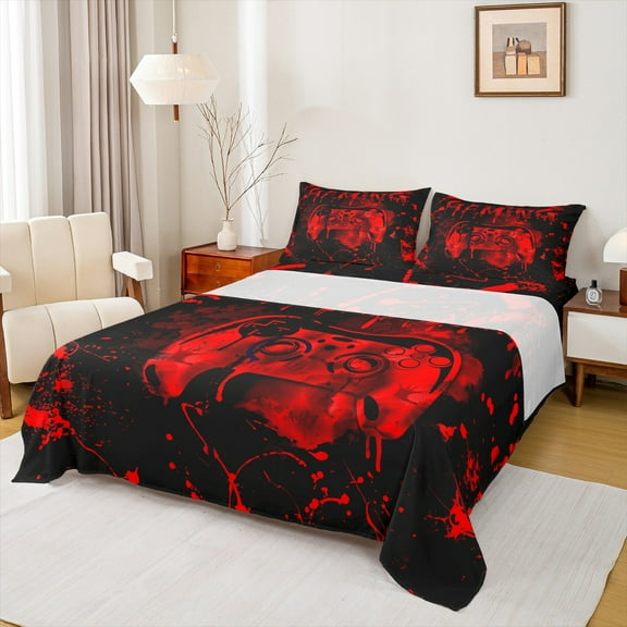 Erosebridal Gamer Bed Sheets Twin Size,Gaming Sheet Set Teens Gamer Room Decor,Video Game Console Gaming Bedding Sets Red and Black Tie Dye Sheets