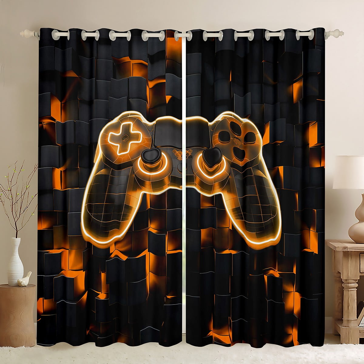 Gamer 30%-50% Blackout Curtains Gaming Themed Curtains Bedroom Curtains,Orange Geometry Honeycomb Print Window Curtains,Modern Abstract Plaid Curtains,2 Panels 52"Wx84"L