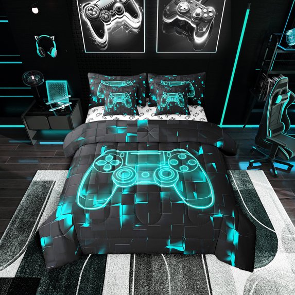 Gamer Comforter , Gaming 7 Pieces Bed In A Bag Full Size Video Games Bedding - 1 Comforter, 1 Fitted Sheet, 1 Flat Sheet, 2 Pillow Cases, 2 Throw Pillow Covers, Teal Black