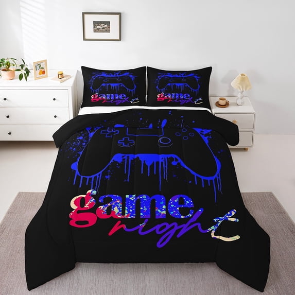 Erosebridal Gamer Comforter Sets,Retro Vintage Gamepad Teen Bedding Youth Adult,Classic Gaming Bedding Duvets & Down Comforters,Video Games Quilt,Blue Black,Twin,Reversible