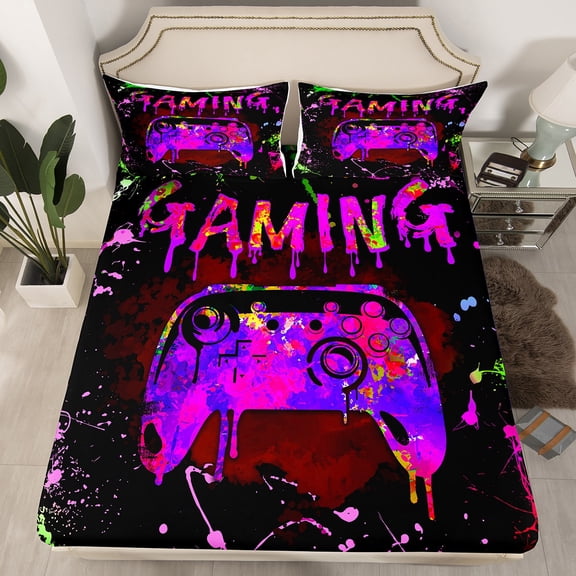 Gamer Fitted Sheet Twin Size,Gaming Bedding Sets Teens Gamer Room Decor,Video Game Console Gaming Bed Sheets Purple Pink Green Tie Dye Sheets