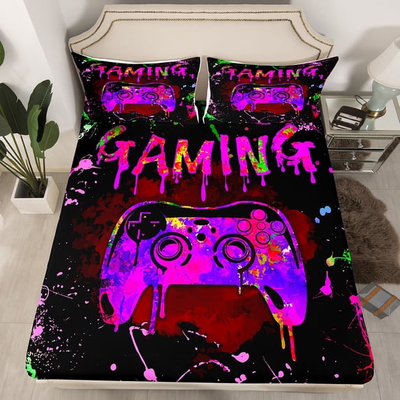 Gamer Fitted Sheet Twin Size,Gaming Bedding Sets Teens Gamer Room Decor,Video Game Console Gaming Bed Sheets Purple Pink Green Tie Dye Sheets