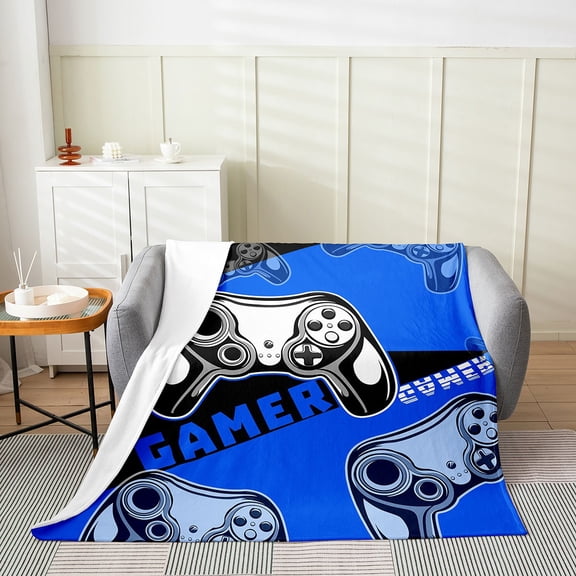 Gamer Fleece Blanket Black Blue Gaming Blanket Queen Inch Video Game Throw Blanket Teens Gamepad Luxury Soft Fuzzy Blanket
