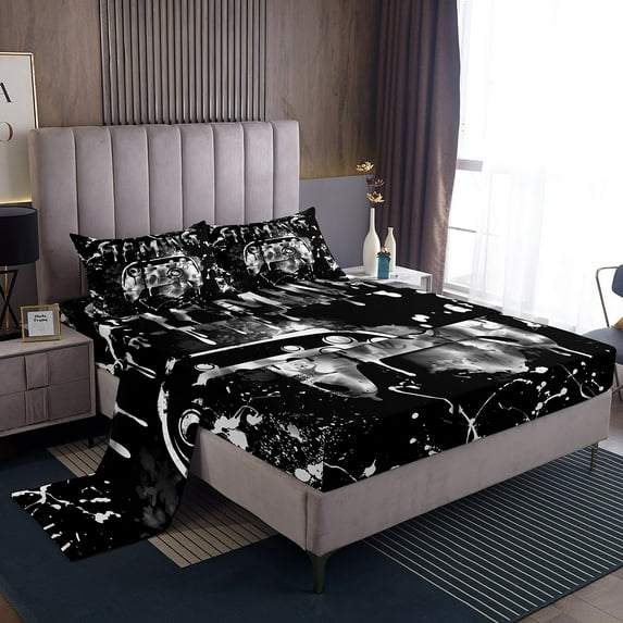 Gamer Sheet Set Full Size,Gaming Bed Sheets Teens Gamepad Controller Gamer Bedding Sets Video Game Room Decor,White Black Grey Tie Dye Fitted Sheet