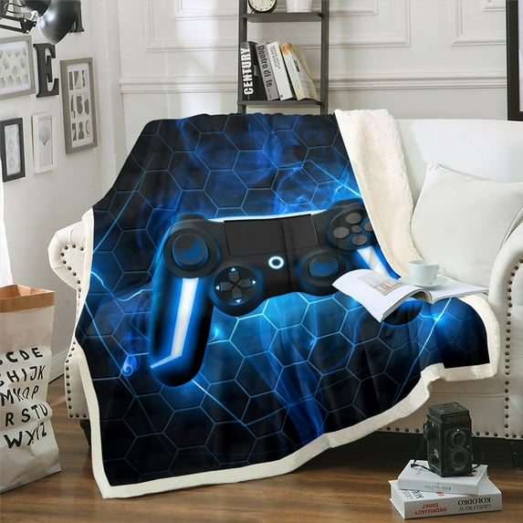 Gamer Throw Blanket Gaming Blanket Video Game Room Decor Gamepad Blue and Black Fleece Blanket ,Neon Honeycomb Hexagon Geometry Bed Blanket 60"x80"