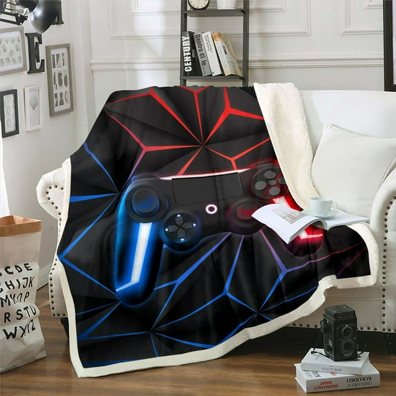 Gamer Throw Blanket Gaming Console Blanket Young Man Geometric Gaming Fleece Blanket Neon Lights Gamepad Sherpa Blanket Game Gifts