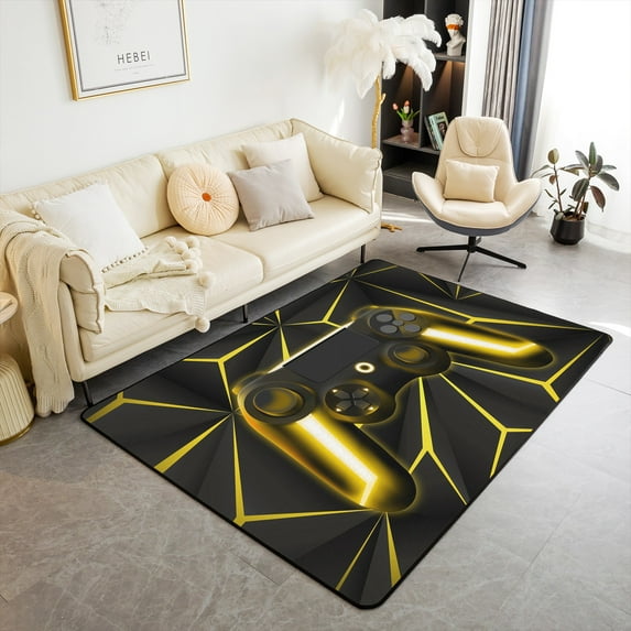 Erosebridal Gaming Area Rug 5x7 Video Games Gamepad Console Non Slip Washable Carpet For Living Room 3D Gaming Geometric Accent Rug (Gold)