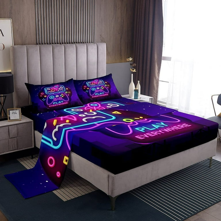YST Gaming Bed Sheets Queen Purple Gamepad Sheet Set for Kids Boys Girls Modern Gamer Bed Sheet Set Vintage Video Games Fitted Sheet for Bedroom Decor with Deep Pocket Gaming Flat Sheet