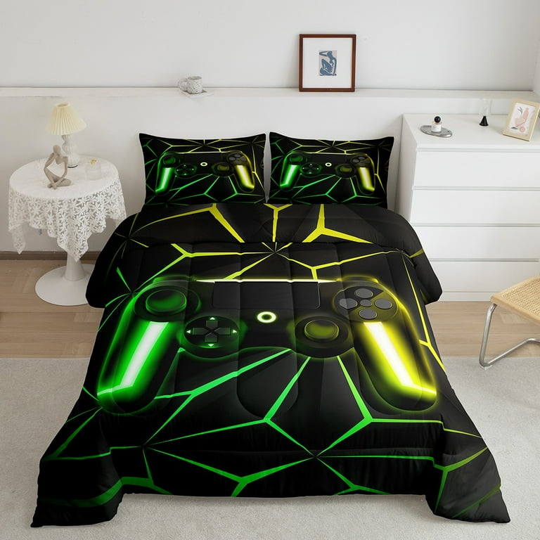 YST Gaming Bedding Set 3 Piece Gamer Full Size Comforter Sets Bed In A Bag for Boys Video Games Gamepad Console Comforter Set Soft Microfiber Bed Set Gamer Home Decor Green Yellow