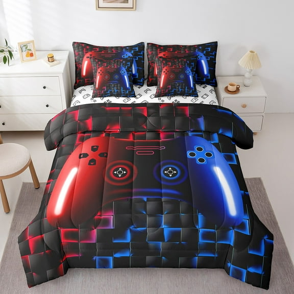 Erosebridal Gaming Bedding Sets 7 Piece,Twin Size Comforter Set 3D Gamer Geometric Bed In A Bag,Game Console Lightweight Bed Set,Neon Red Blue Black Glowing