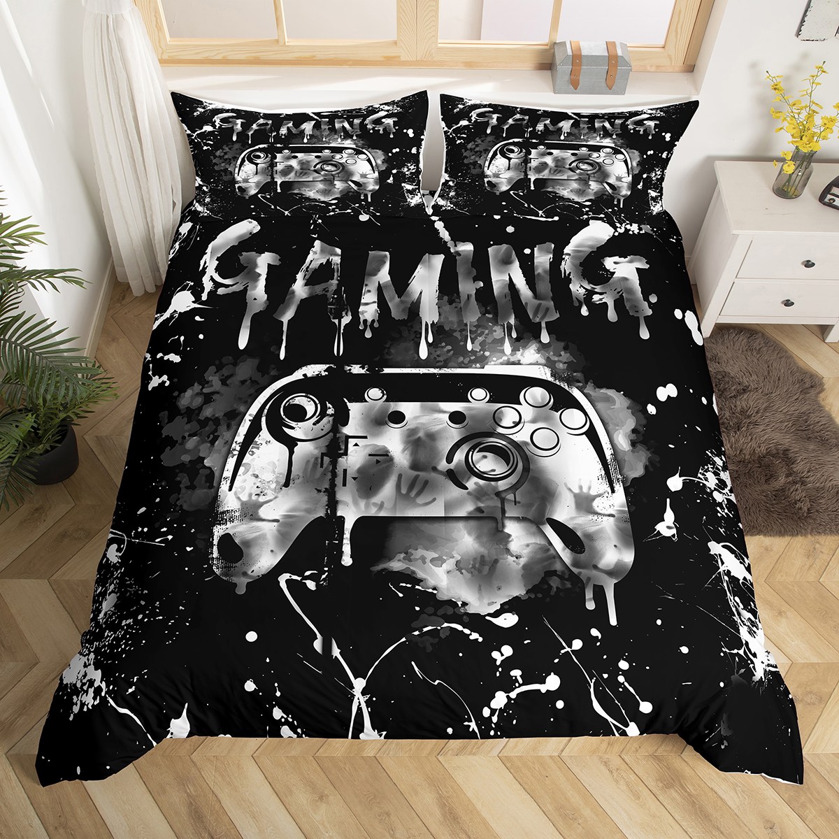 Gamer King Comforter Set – 3D Indigo Blue Gaming Bedding For Boys, Teens, Men, 3-Piece Quilt Set With Hexagon Design