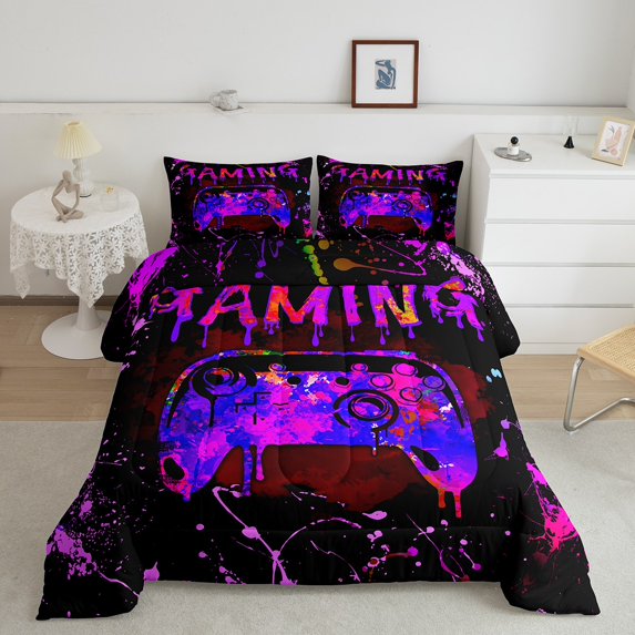 Gaming Bedding Sets Queen,Gamer Comforter Sets Teens,Video Game Console Gaming Comforter Set Bedroom Decor,Gamepad Black Purple Pink Tie Dye Bed Set 3Pcs