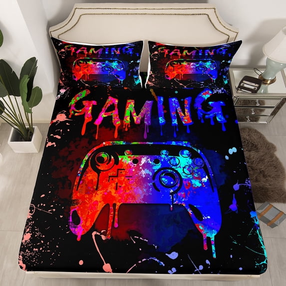 Erosebridal Gaming Bedding Sets Queen,Gamer Fitted Sheet Teens,Video Game Console Gaming Bed Sheets Bedroom Decor,Gamepad Black Red Blue Tie Dye Sheets