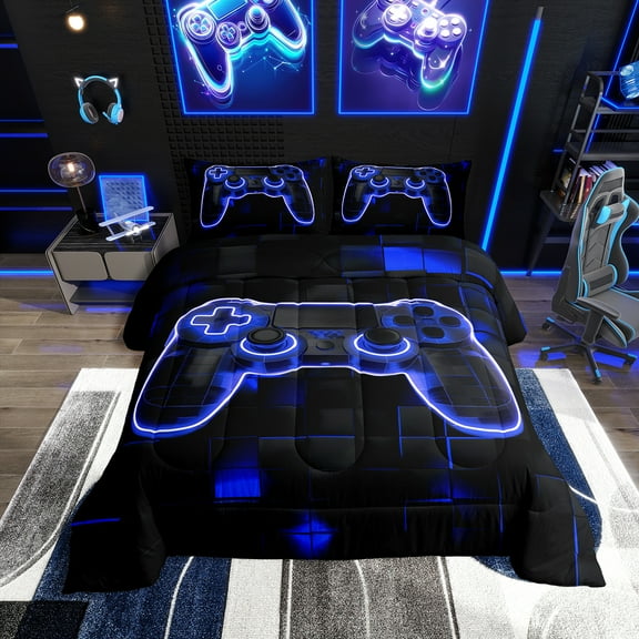 Gaming Comforter Teen Full,Geometric Game Controller Bedding Set ,Neon Down AlterComforter for All Season 3pcs,Gamer Home Decor Comforter Set