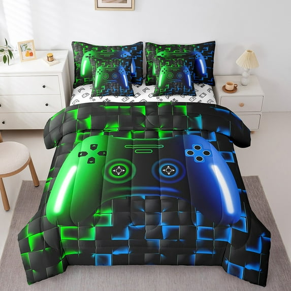 Gaming Comforter Set 7 Piece Twin Size Bedding Sets 3D Gamer Geometric Bed In A Bag,Game Console Lightweight Bed Set,Neon Green Blue Black Glowing
