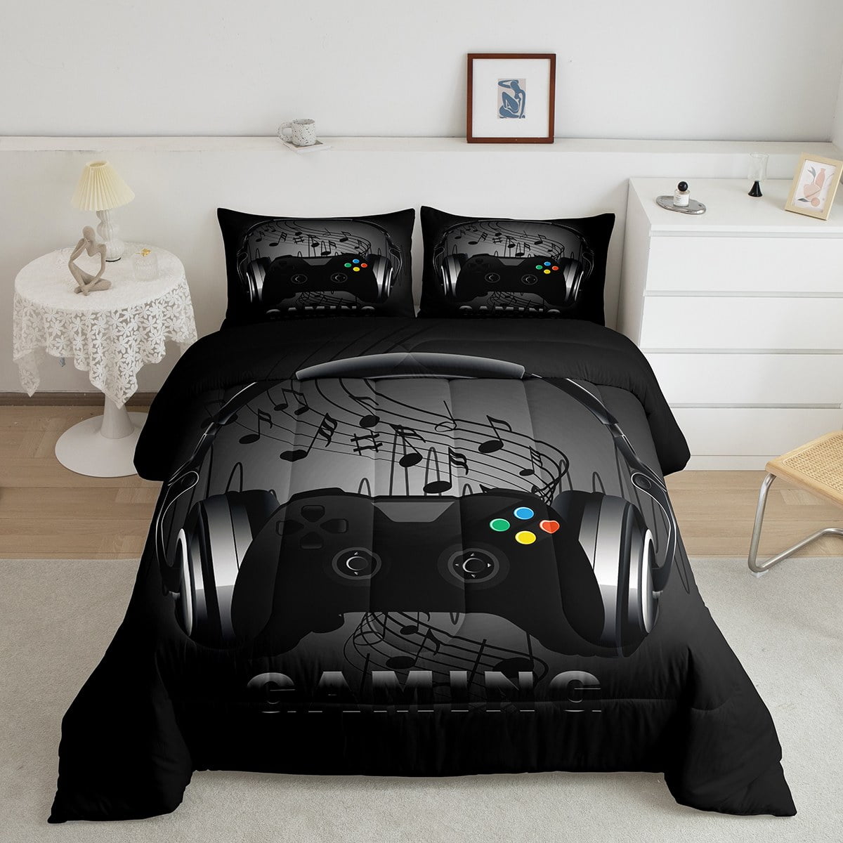 YST Gaming Comforter Set Headphones Game Controller Bedding Set Black