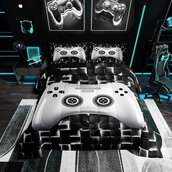 Gaming Comforter Set , Gamer Bedding Twin, Gamepad Reversible, Black Grey, Plaid Printed