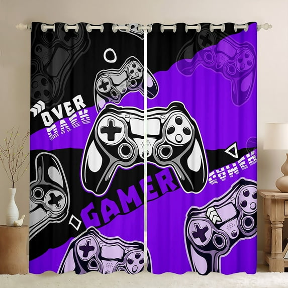 Gaming Curtains & Drapes ,Gamer 30%-50% Blackout Curtains for Bedroom,Video Games Window Curtains,Purple Black Gamepad Gaming Window Treatments