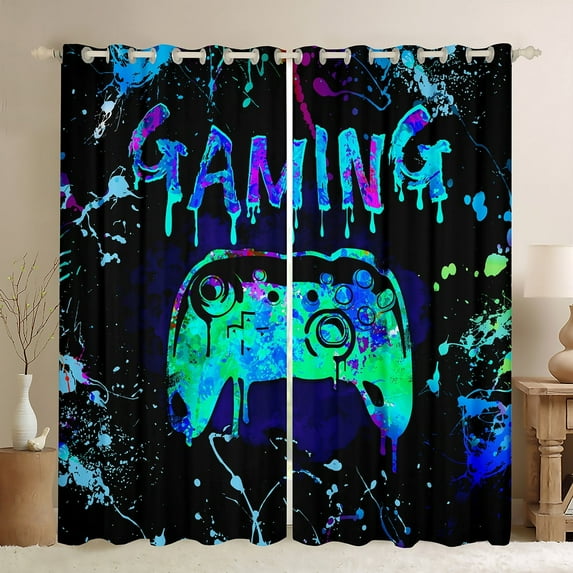 Gaming Curtains & Drapes Gamer 30%-50% Blackout Curtains ,Video Game Console Gaming Window Curtains Bedroom Decor,Gamepad Black Teal Blue Tie Dye Window Treatments