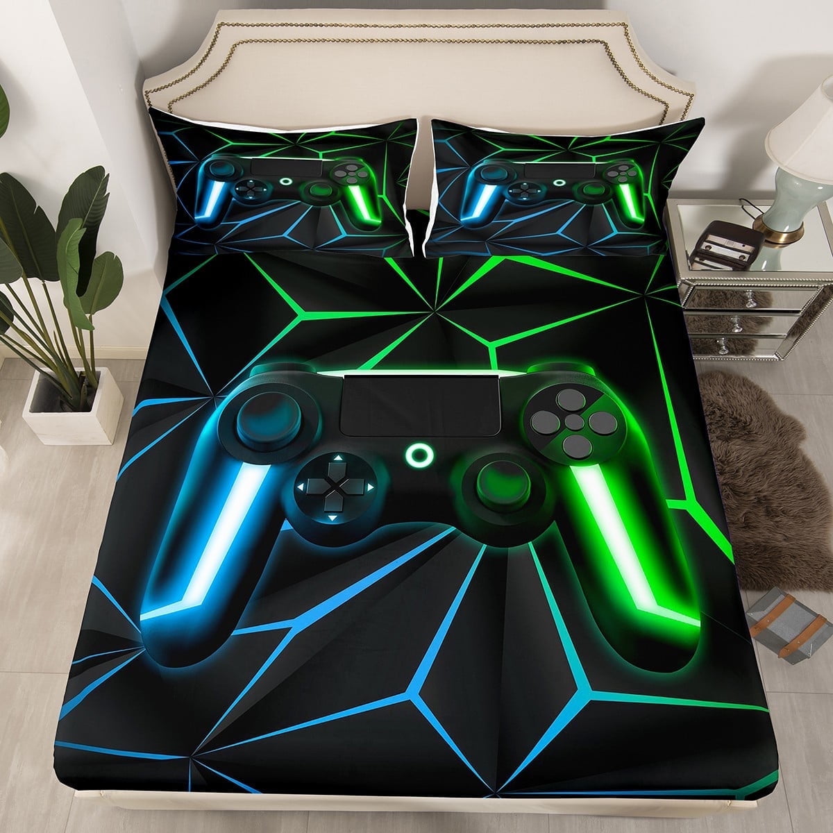 Erosebridal Gaming Fitted Sheet Twin Size for Boys Kids Video Game Gamer Bed Sheets Teens Bedroom Blue Green Gamepad Sheets All Season 1 Fitted Sheet with 1 Pillow Case, Lightweight
