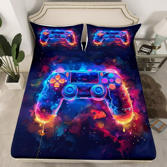 Gaming Gamer Fitted Sheet Video Game Bed Sheets Blue Orange Neon Lights Gamepad Bed Sheets Set Modern Game Theme Sheets Twin Teens Youth