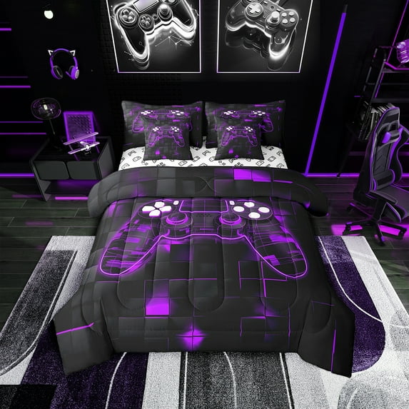 Gaming King Bed in a Bag Teens Game Bedding Set, Gamer Comforter Set Game Bedroom Decor,Glowing Neon Gamepad Fitted Sheet Geometric Reversible Flat Sheet,Purple 7 Piece
