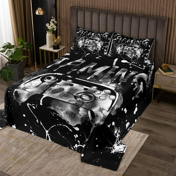 Erosebridal Gaming Quilt Set King Size,Gamer Bedspread Set Teens Gamer Room Decor,Video Game Console Gaming Coverlet Set White Black Gray Tie Dye Bedding Set